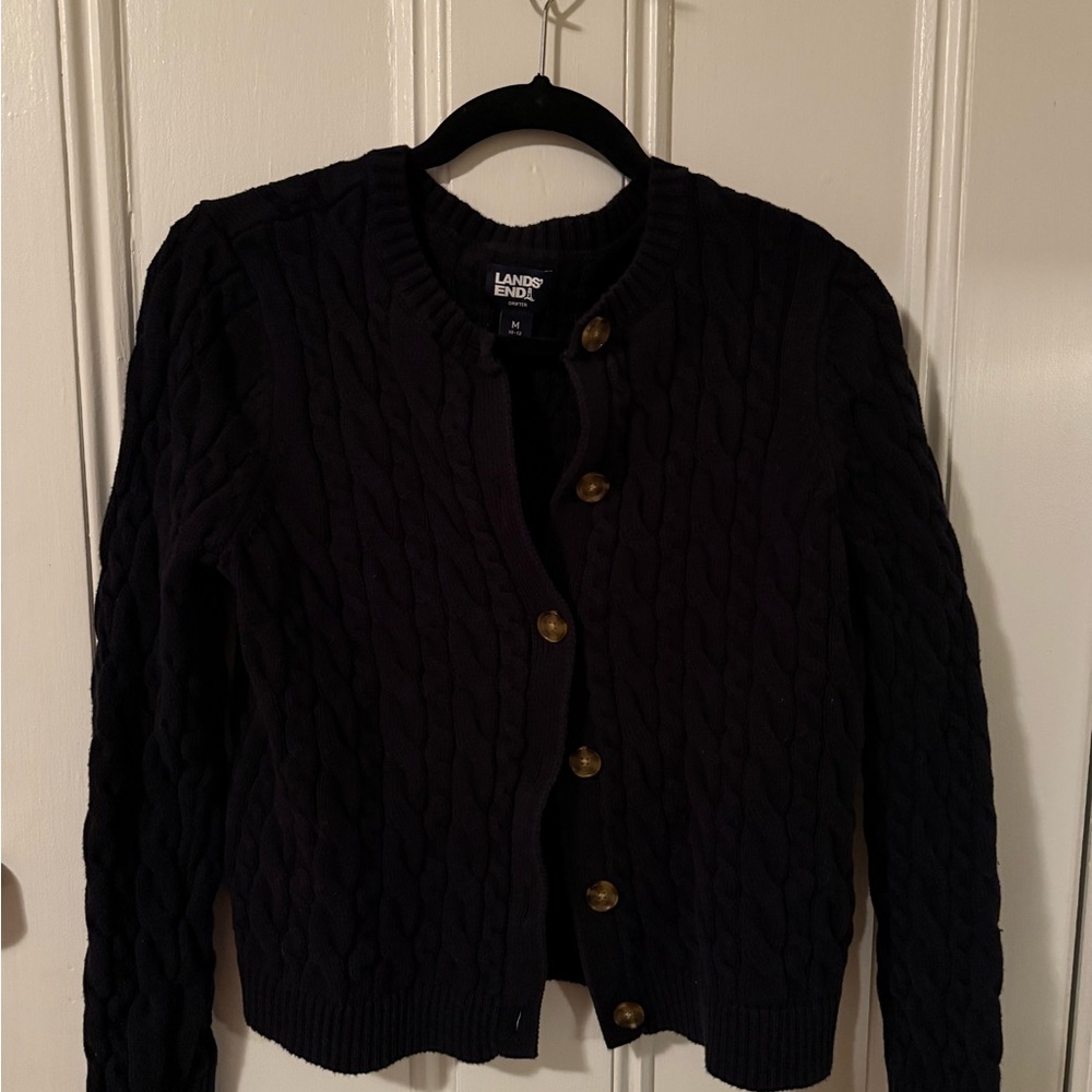 100% Cotton Black Cable Knit Cardigan by Lands' End (Women's Medium)